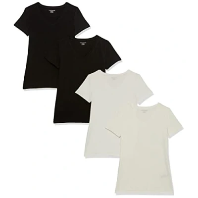 Abbildung von Amazon Essentials Damen Kurzärmeliges T Shirt mit V Ausschnitt, Klassischer Schnitt, 4er Pack, Schwarz/Weiß, L