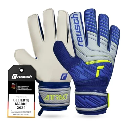 Abbildung von Reusch Unisex Torwarthandschuhe Attrakt Solid Erwachsene Herren Außennaht Schnitt Belag für alle Spielfeldoberflächen Fussballhandschuhe Vapor Gray/deep Blue, 10, 5270515