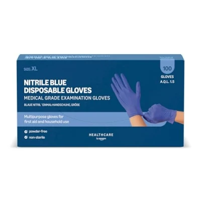 Abbildung von Amazon Basic Care Blaue Nitril Einmal Handschuhe, Puder frei, Größe XL, 100 Handschuhe (Früher Marke Hevea)