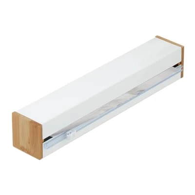 Abbildung von Relaxdays Folienschneider, HxBxT: 6x35x7 cm, Folienabroller magnetisch, Frischhalte &amp; Alufolie, Foliencutter, weiß