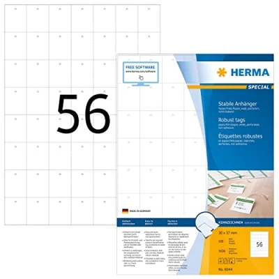 Abbildung von HERMA 8044 Stabile Anhänger perforiert, 100 Blatt, 30 x 37 mm, 56 pro A4 Bogen, 5600 Stück, bedruckbar, matt, blanko Preisanhänger Produktanhänger aus Papier/Folie/Papier Verbund, weiß