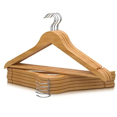 Abbildung von PORTENTUM Kleiderbügel aus Holz, 10 Stück, Naturfarben. für alle Kleidung, 360º Drehbarer Haken, Hosenbügel, Rutschfester Anzüge, Jacken und Hemden, Kerben Kleider Blusen