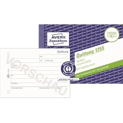 Abbildung von AVERY Zweckform 1255 Quittungsblock (A6 quer, inkl. MwSt,von Rechtsexperten geprüft, für DE/AT zur ordnungsgemäßen Buchführung, 100 Blatt,100% recycelt, Blauer Engel zertifiziert) weiß