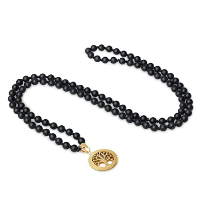 Abbildung von COAI Geschenkideen Unisex Verknotete 108 Mala Kette Meditationskette Gebetskette aus Mattem Onyx mit Lebensbaum Charm
