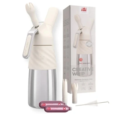 Abbildung von iSi Creative Whip Sahnespender 500ml Ivory White hochwertiger Edelstahl inkl. 2 Sahnekapseln &amp; Garniertüllen für Sahne, Dessert herzhafte Dips Spülmaschinenfest