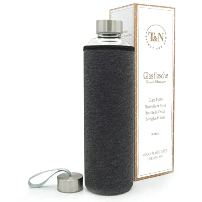 Abbildung von T&amp;N Glasflasche 1 Liter / 750ml 500ml Trinkflasche Glas 1l mit Neoprenhülle Wasserflasche Auslaufsicher Glastrinkflasche aus dickerem Borosilikat für Kohlensäure geeignet