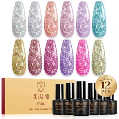 Abbildung von ROSALIND UV Nagellack Glitzer, 12 Farben Glitzer Rosa Blau Silber Gold Lila Gel Set, Soak Off Mini Farbgel Gelnägel für Nagel Design Nail Polish Maniküre Geschenk