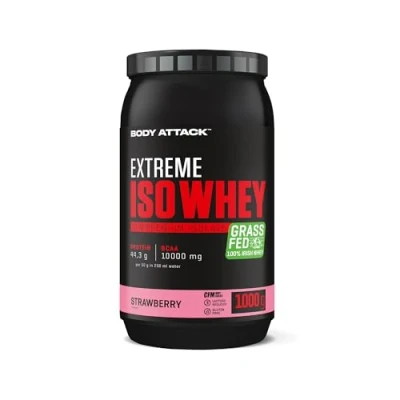 Abbildung von Body Attack Whey Protein Pulver Strawberry, 1 kg Pulver, leicht löslich &amp; schnell verdaubares Isolate aus 100% irischer Weidemilch