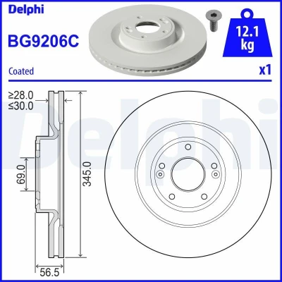 Abbildung von DELPHI BG9206C Bremsscheibe 345 30 5 Belüftet beschichtet unbehandelt ohne Radlager, ABS Sensorring RENAULT: MEGANE 3 Coupe