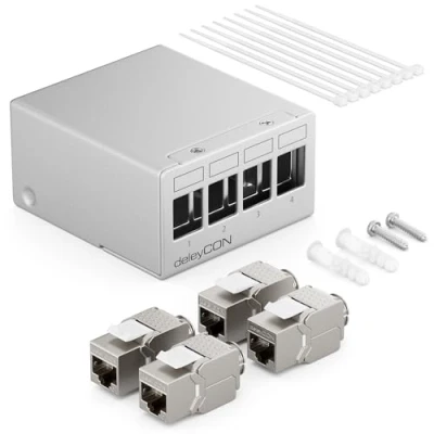 Abbildung von deleyCON 4 Port Patchpanel Set Patchfeld Verteilerfeld 1 HE + 4x RJ45 Keystone Jack Modul STP CAT6a Kompatibel mit Verlegekabel CAT6 CAT7 Netzwerkkabel Ethernet LAN DSL Grau