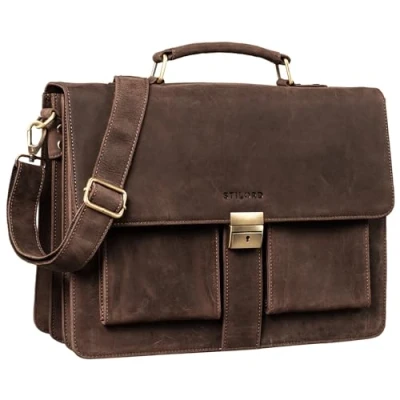 Abbildung von STILORD &#039;Eros&#039; Aktentasche Leder 15,6 Zoll Laptoptasche Business Umhängetasche Große Arbeitstasche XL Vintage Ledertasche mit Dreifachtrenner, Farbe:veleta braun