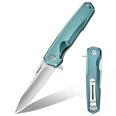 Abbildung von TONIFE Vision Klappmesser Outdoor Messer mit 8Cr14MoV Klinge und Aluminium Griff Survival Taschenclip Bushcraft (Cyan Satin)