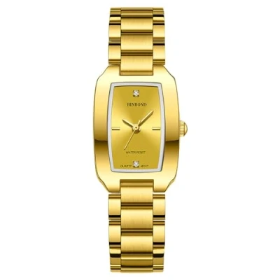 Abbildung von JewelryWe Uhren Damen Edelstahl Rechteckig: Luxus 30 wasserdichte Analog Quarz Armbanduhr Frauen Gold Armband Geschäft Lässige Uhr Damenuhr mit Strass Rechteck Zifferblatt