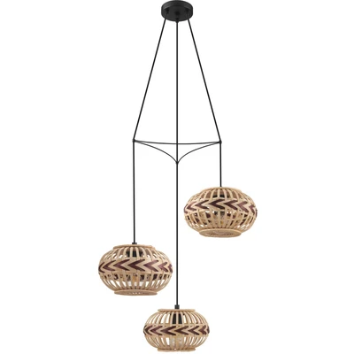 Abbildung von EGLO Pendelleuchte Dondarrion, 3 flammige Hängelampe Vintage, Skandinavisch, Boho, Hängeleuchte aus Stahl, Holz, Esstischlampe, Wohnzimmerlampe hängend in Schwarz, Natur, Weinrot, E27 Fassung, Ø 57 cm