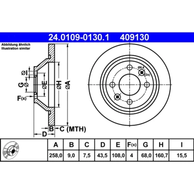 Abbildung von ATE 24.0109 0130.1 Bremsscheibe 258,0 9,0 4 108,0 voll SAAB: 9000 Hatchback