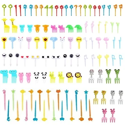 Abbildung von 55 STK Obstgabeln Kinder Bento Box Zubehör Spieße Tiere Food Picks Plastik Gabeln Mini Dessertgabeln für Kuchen Desserts Obst (Zufällig) (112STK)