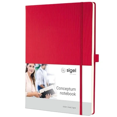Abbildung von SIGEL CO645 Premium Notizbuch liniert, A4, Hardcover, rot, aus nachhaltigem Papier Conceptum mit Seitenzahlen, Inhaltsverzeichnis, Stiftschlaufe, Falttasche