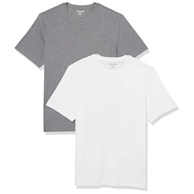 Abbildung von Amazon Essentials Herren Kurzärmliges T Shirt mit Rundhalsausschnitt in normaler Passform, 2er Pack, Grau Meliert/Weiß, M