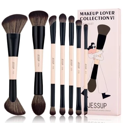 Abbildung von Jessup Pinselset Make Up Pinsel Set 14 in 7 doppelseitig Makeup Foundation Concealer Rouge Lidschatten Kontur Bronzer Puder Verblenden Augenbrauen Eyeliner tierversuchsfrei Pfirsichstaub T600
