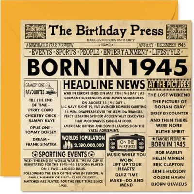 Abbildung von Stuff4 Geburtstagskarte zum 79. Geburtstag für Männer und Frauen, Zeitung Born in 1945 Newspaper, Happy 79 Birthday Card for Grandad Grandma Nan, Vintage Retro Back 1945, 145 mm x mm,