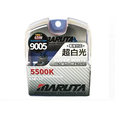 Abbildung von MARUTA SUPER WHITE 9005 / HB3 65W Halogenlampe für Scheinwerfer, Abblendlicht, 5500K Xenon Effekt, langlebige Gas Birne mit hochwertigem Quarzglas &amp; Straßenzulassung (ECE Prüfzeichen)