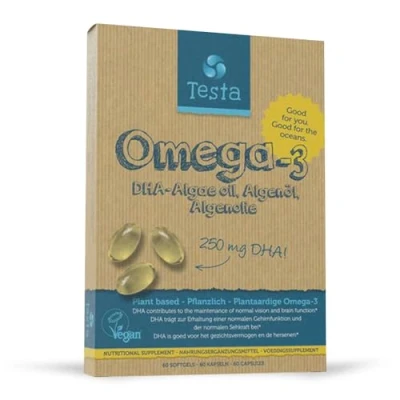 Abbildung von Testa Omega 3 Algenöl 250mg DHA Pflanzlichen Reines und Veganes viel gesünder als Fischöl 60 Kapseln (1 Verpackung)