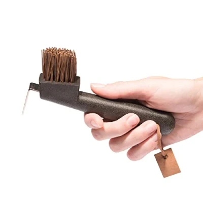 Abbildung von Animalon Naturborsten Hufkratzer mit Bürste Picker aus rostfreiem Edelstahl Ergonomischer für Pferde 2 in 1 Hufauskratzer braun die Hufpflege Hufräumer Pferd