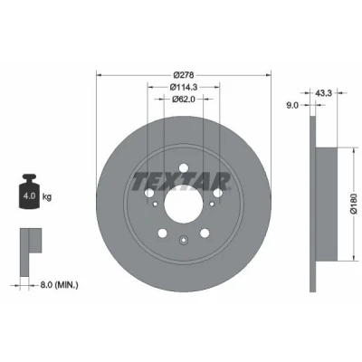 Abbildung von TEXTAR PRO 92225303 Bremsscheibe 278 9 05/08 114,3 voll beschichtet ohne Radbefestigungsbolzen, Radnabe SUZUKI: SX4 I Hatchback, Saloon