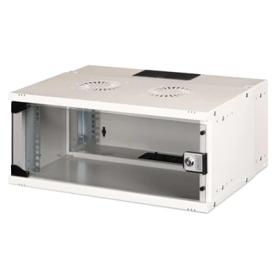 Abbildung von DIGITUS Netzwerkschrank 19 Zoll Rack 4 HE Unmontiert Wandmontage 400 mm Tiefe 327 Nutztiefe Traglast 60 kg Glastür SOHO Pro Serie Grau