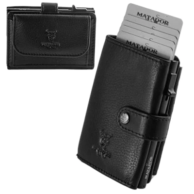 Abbildung von MATADOR Slim Wallet Miami mit XL Münzfach Leder Kreditkartenetui POP UP Kartenhalter RFID Schutz Mini Portemonnaie kleine Geldbörse Männer Geschenk Box Nappa Schwarz