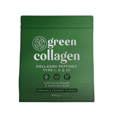 Abbildung von Collagen Pulver + Probiotika Greens [400g] Kollagen Hydrolysat Peptide Typ 1, 2 &amp; 3 Kollagenpulver mit Bakterienkulturen und Hyaluron Pina Colada Geschmack aus Deutschland Alpha Foods