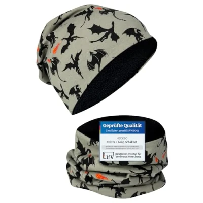 Abbildung von HECKBO Kinder Beanie Mütze &amp; Schal Schlauchschal Set 2 6 Jahre Vlies innen Drachen Mädchen Jungen Junge 95% Baumwolle