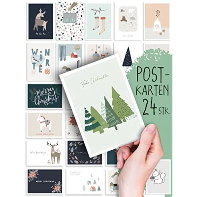 Abbildung von Spielefabrik Weihnachtskarten 24 Stück Postkarten, Grafisches Design, Boho Deko, Illustration, Weihnachtspostkarten, Weihnachten, Xmas, Set, Mix, Geschenk, Grußkarten, Geschenkkarten