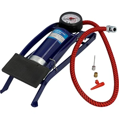 Abbildung von Cartrend Einzylinder Fußluftpumpe, für Auto und Fahrradreifen sowie andere Objekte, inkl. Standard Spezialadapter, Manometer bis 7 bar, 0,2 l Volumen je Hub, Schlauchlänge ca. 50 cm