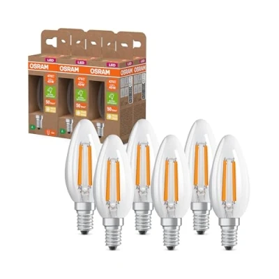 Abbildung von Osram LED Superstar Classic Lampe B 40 in klassischer Minikerzenform, klarer Glaskörper, 2.2 W, 470 lm, E14, 2700 K für warmweißes Licht, EEK A, 35 mm Durchmesser, 6 Pack