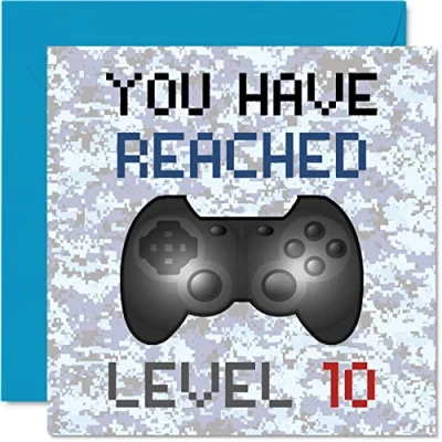 Abbildung von Geburtstagskarte zum 10. Geburtstag, Motiv: You Have Reached Level 10 für Jungen, Kinderspiele Videospiel, Tochter, Sohn, Neffe, Nichte, Enkel, 145 mm x