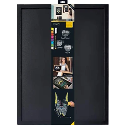 Abbildung von SECURIT Wandkreidetafel „Woody“ + Flüssigkreidemarker Doppelseitige Tafel Rahmen aus lackiertem Holz 60x80cm Schwarz
