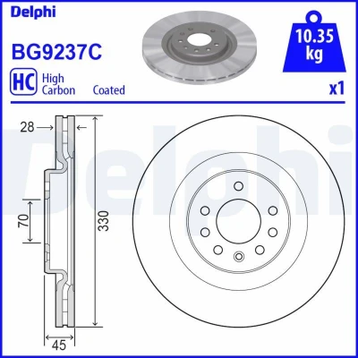 Abbildung von DELPHI BG9237C Bremsscheibe 330 28 5 Belüftet beschichtet hochgekohlt ohne Radlager, ABS Sensorring OPEL: Corsa E Hatchback