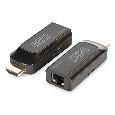 Abbildung von DIGITUS HDMI Extender kompakte Bauform Full HD Set (Sender/Empfänger) bis zu 50 m Reichweite Patchkabel (Cat 6, Cat 6A, 7) Strom per Micro USB schwarz