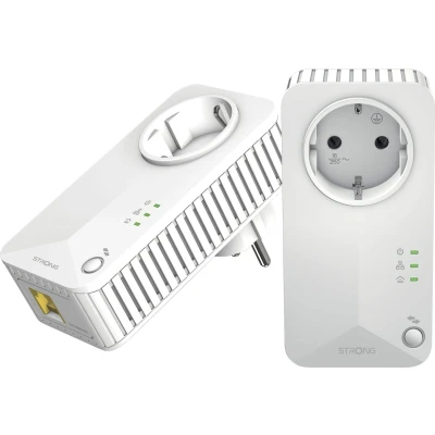 Abbildung von STRONG Powerline 600 Duo EU Set 2 Adapter Mbps Fast Internetzugang integrierte Steckdose 300 m Reichweite Für alle Router LAN Anschluss Easy Installation weiß