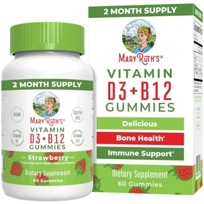 Abbildung von MaryRuth Organics, Vitamin D3 &amp; B12 Gummies, Erdbeer Geschmack, 60 vegane Laborgeprüft, Vegetarisch, Glutenfrei, Sojafrei, Gentechnikfrei