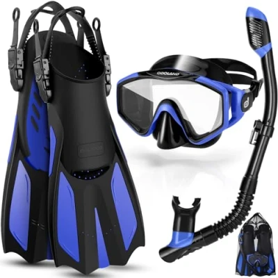 Abbildung von Odoland Schnorchelset Erwachsene 3 in 1 mit Anti Fog Taucherbrille und Dry Schnorchel, Verstellbare Schwimmflossen, Taucherausrüstung Set zum Schwimmen/Schnorcheln