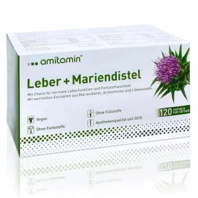 Abbildung von amitamin Leber + Mariendistel Komplex Artischocke, Löwenzahn und Cholin für eine normale Leberfunktion, 120 Kapseln 4 Monate, Apothekenqualität, Silymaringehalt 80%, Vegan, deutsche Herstellung