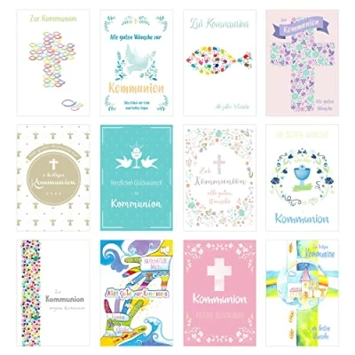 Abbildung von Edition Seidel Set 12 Premium Kommunionskarten mit Umschlag (Doppelkarten/Klappkarten Briefumschlag) Karte Postkarte Kommunion (SW02)