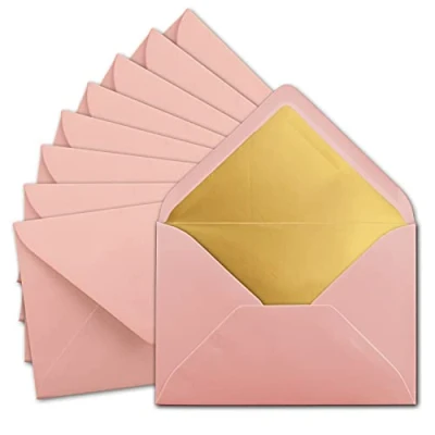 Abbildung von 50x DIN C5 Kuverts 15,7 x 22,5 cm in Altrosa (Rosa) mit goldenem Seidenfutter Nassklebung Blanko Brief Umschläge Post ohne Fenster im Format Marke: FarbenFroh by GUSTAV NEUSER