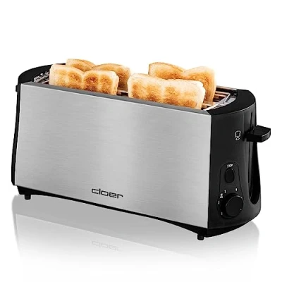 Abbildung von Cloer 3719 Langschlitztoaster für 4 Toastscheiben, 1380 W, integrierter Brötchenaufsatz, Nachhebevorrichtung, Krümelschublade, wärmeisoliertes Edelstahlgehäuse, schwarz/Edelstahl