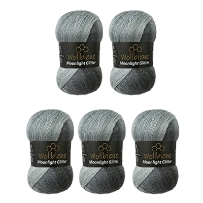 Abbildung von Moonlight Glitter Batik Simli 5 x 100g Strickwolle 500 Gramm Wolle zum Stricken und Häkeln 20% Metallic türkische Farbverlaufswolle Glitzerwolle (5000 schwarz grau weiß)