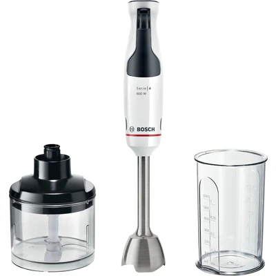 Abbildung von Bosch Stabmixer ErgoMaster Serie 4 MSM4W220, Zerkleinerer, einhändig bedienbar, Edelstahl Klingen, verschleißfreie Keramik Kupplung, Mixbecher, QuattroBlade, AntiSplash, Einschaltsperre, 600 W, weiß