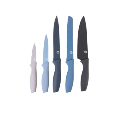 Abbildung von MasterChef Messerset, Küchenmesser Set ink. Kochmesser, Gemüsemesser, Schälmesser, Schneidemesser &amp; Brotmesser, Scharfe Messer Edelstahl, Antihaftbeschichtete, Soft Touch Griffe, 5 teilig, Blau