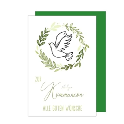 Abbildung von Edition Seidel Premium Glückwunschkarte zur Kommunion mit Umschlag. Kommunionskarte Karte Grusskarte Taube grüne Zweige Junge Mädchen (KO280 SW023)